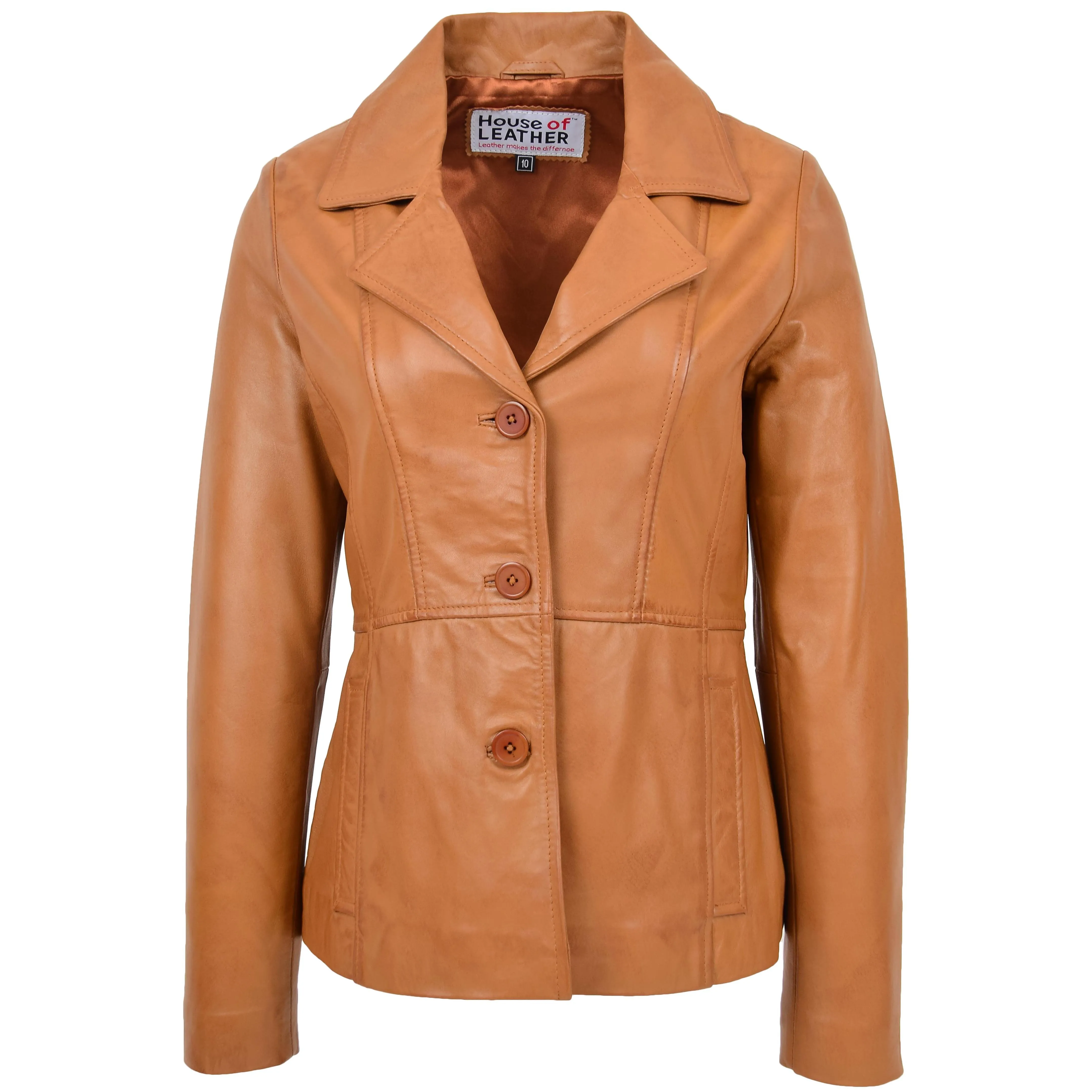 Womens Classic Three Button Leather Blazer Ruth Tan