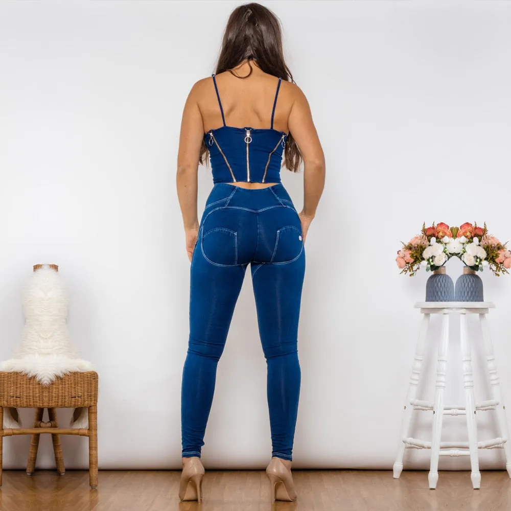 Women's Dark Blue Denim Zipper Top High Waist Button Leggings Shaper Set