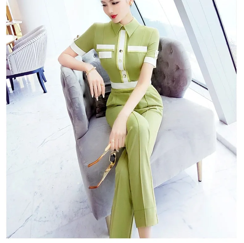 Women's Office Casual Patchwork Pattern Short Sleeves Jumpsuit