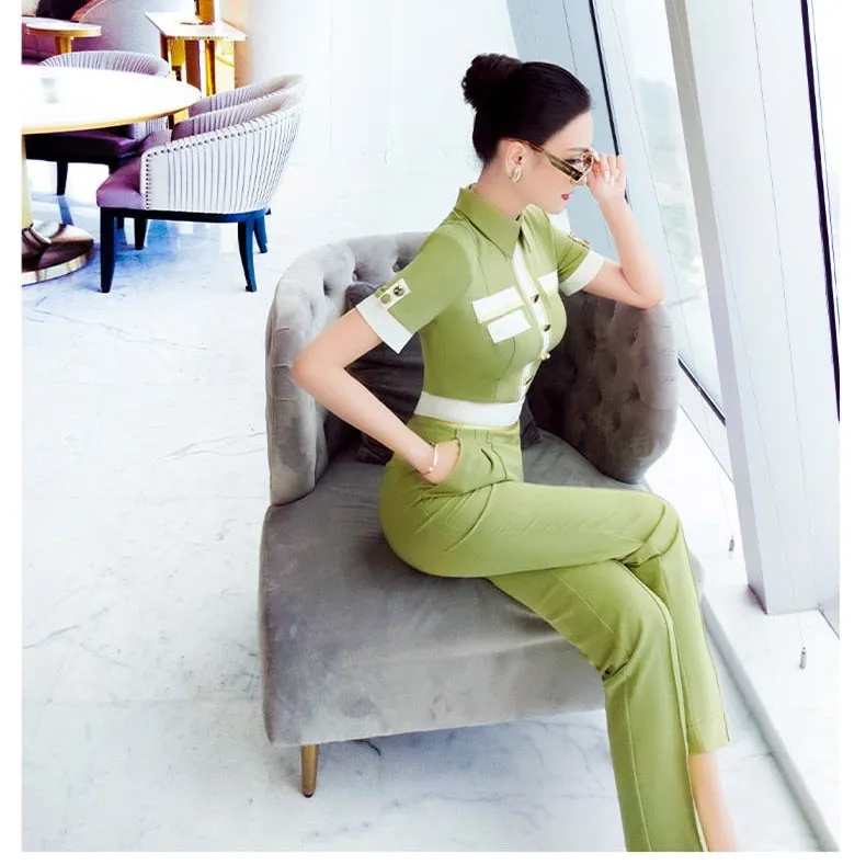 Women's Office Casual Patchwork Pattern Short Sleeves Jumpsuit