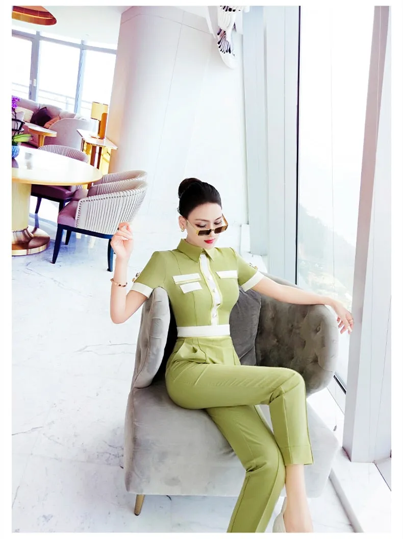 Women's Office Casual Patchwork Pattern Short Sleeves Jumpsuit