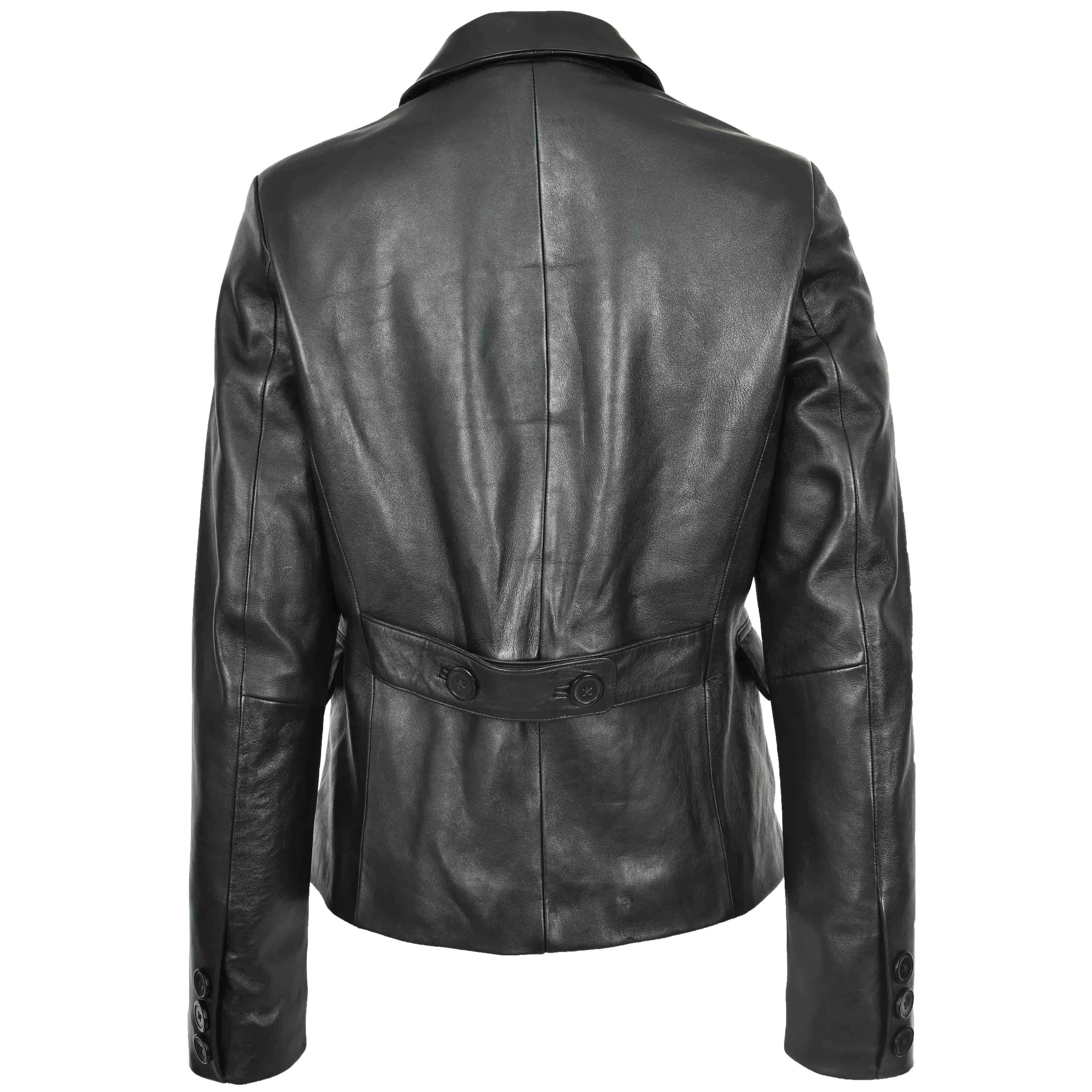 Womens Real Leather Blazer Jacket Black Double Breasted Sista