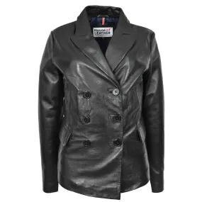 Womens Real Leather Blazer Jacket Black Double Breasted Sista