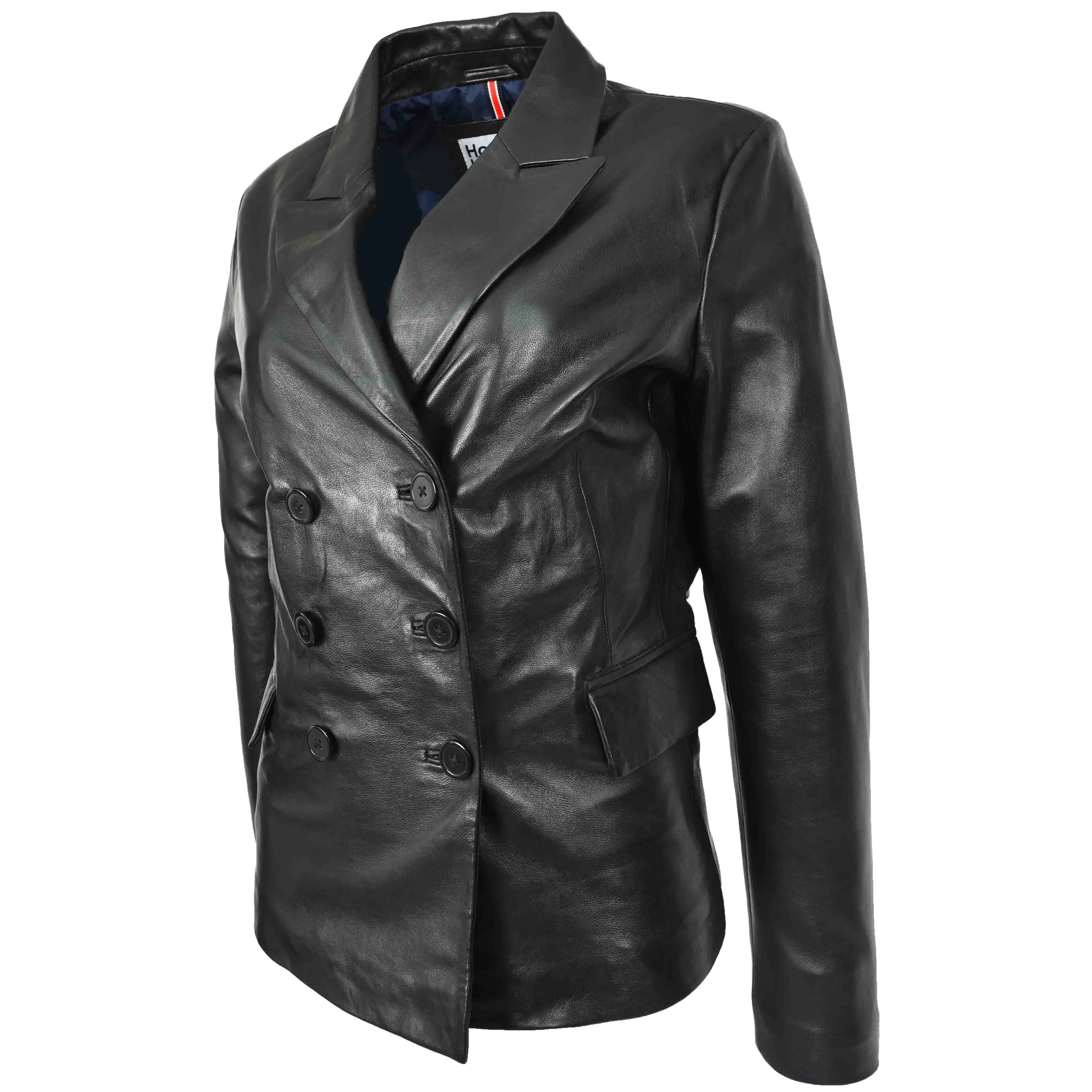 Womens Real Leather Blazer Jacket Black Double Breasted Sista