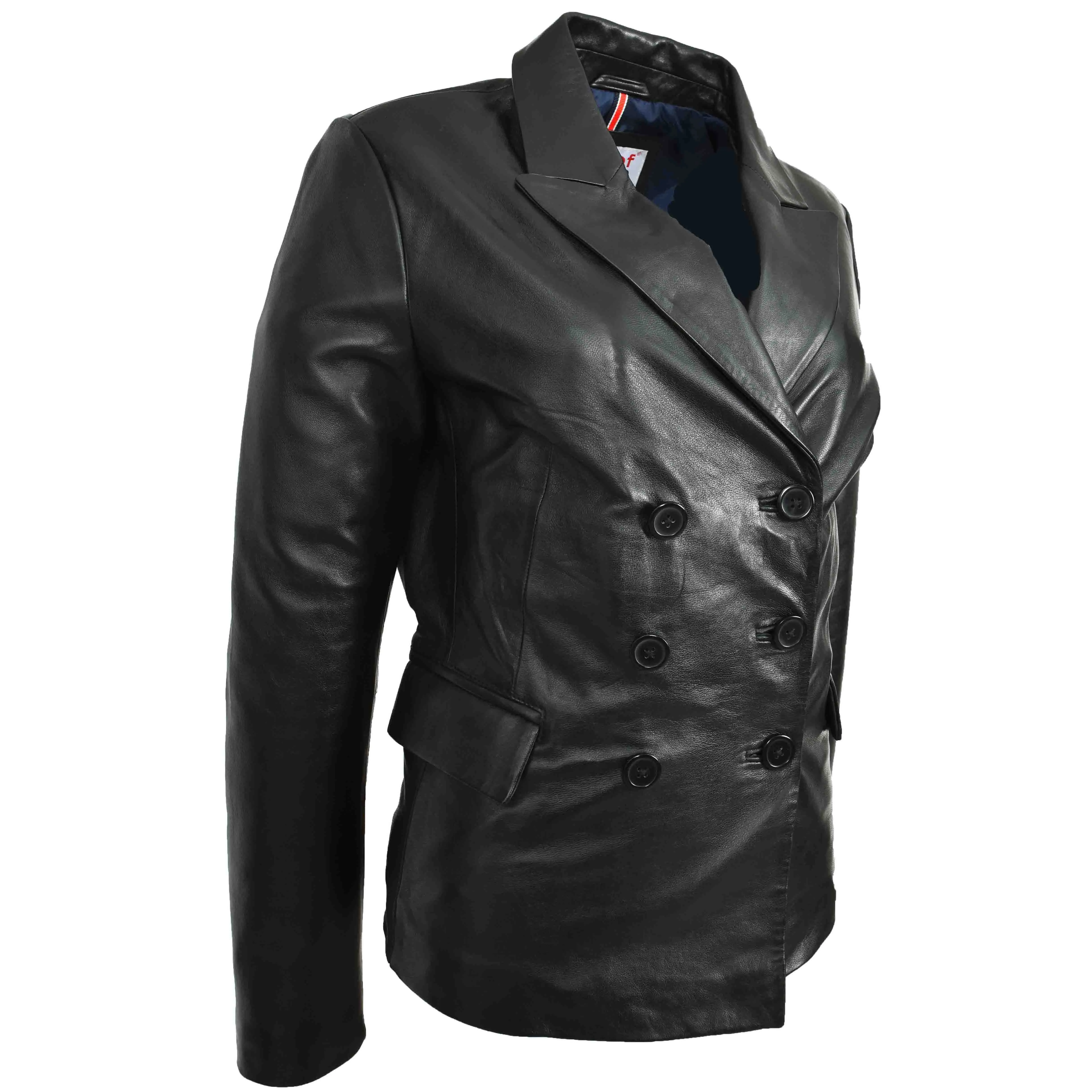 Womens Real Leather Blazer Jacket Black Double Breasted Sista