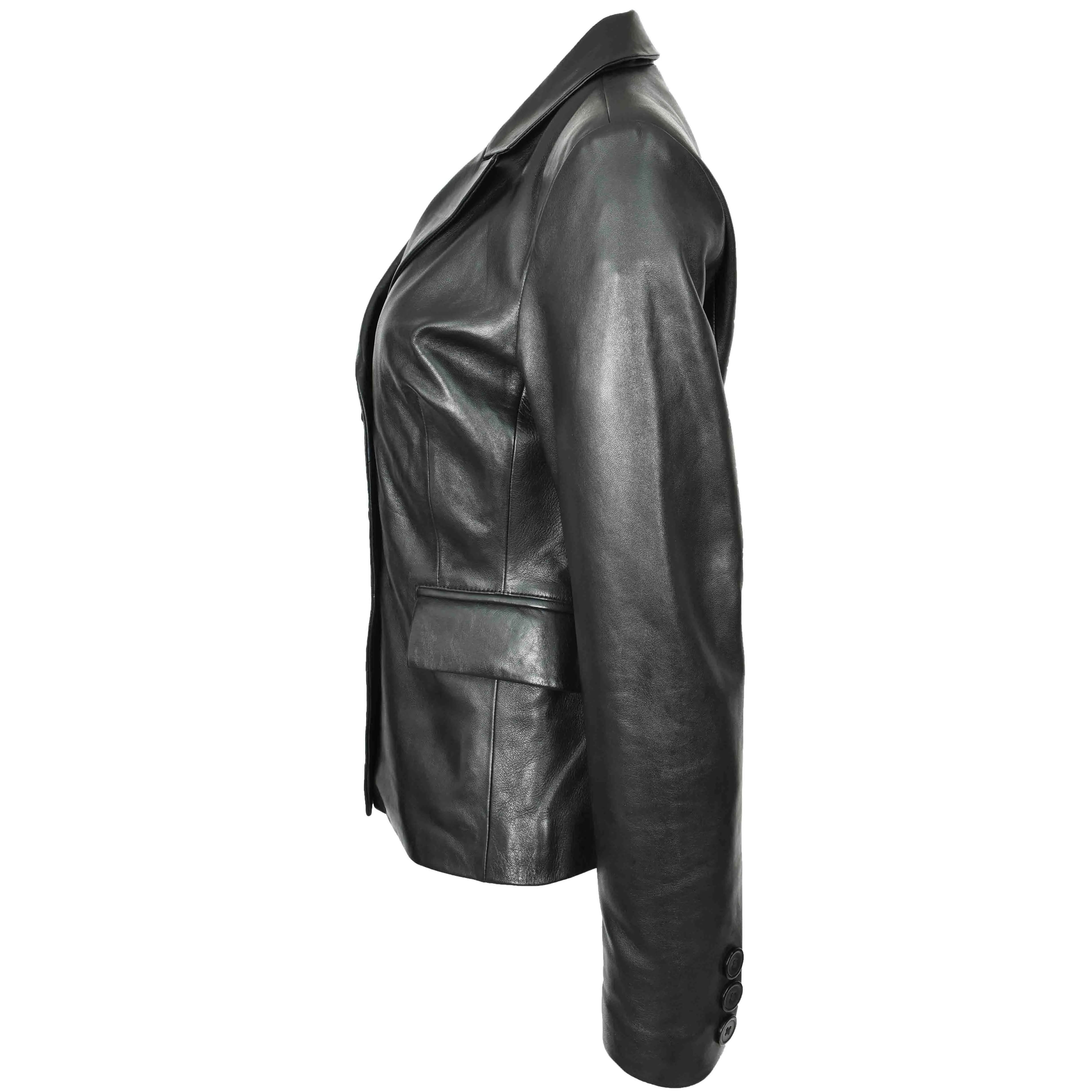 Womens Real Leather Blazer Jacket Black Double Breasted Sista