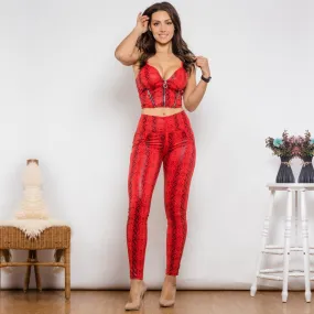 Women's Red Snake Printed High Waist Bum Lift Shaping Leggings Top Set