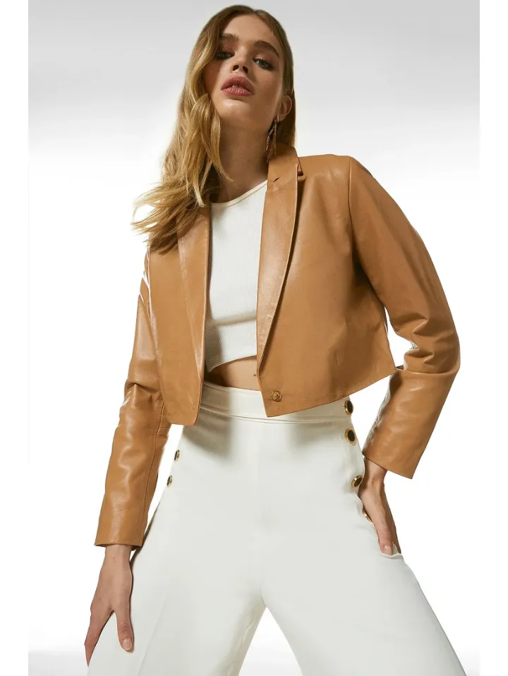 Women’s Tan Beige Sheepskin Leather Blazer Cropped Short Fit